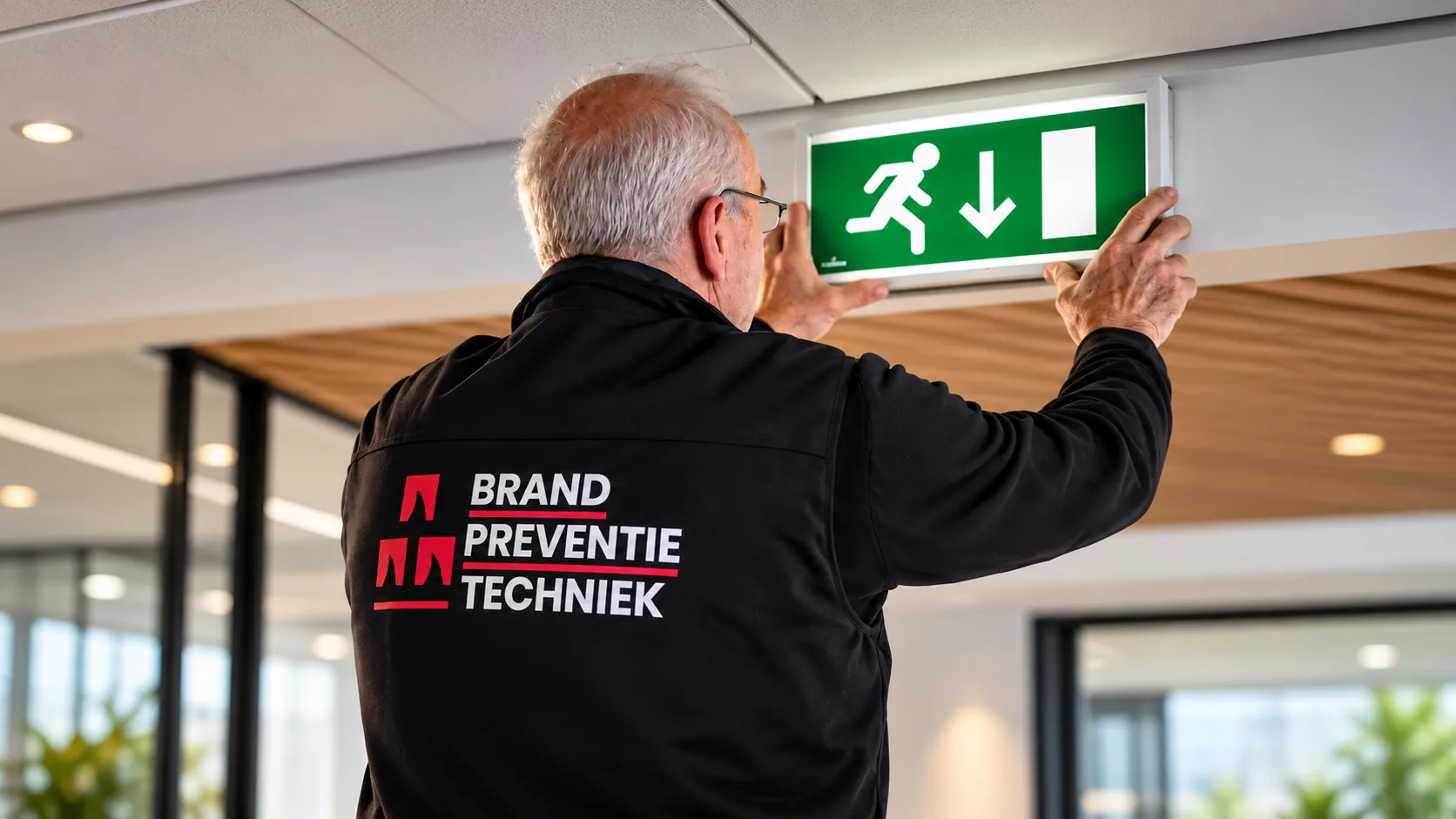 Monteur van Brandpreventie Techniek bevestigt een vluchtwegaanduiding met noodverlichting